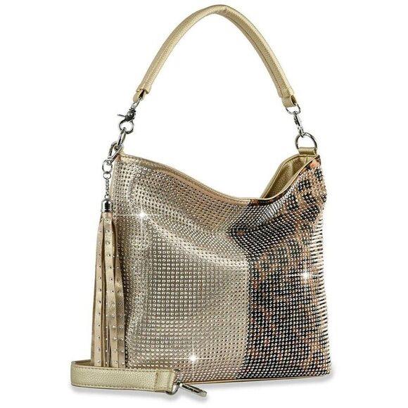Handbags - Medium Women Bronze Two Tone  Dazzling Rhinestone Gold Studded Hobo Handbag